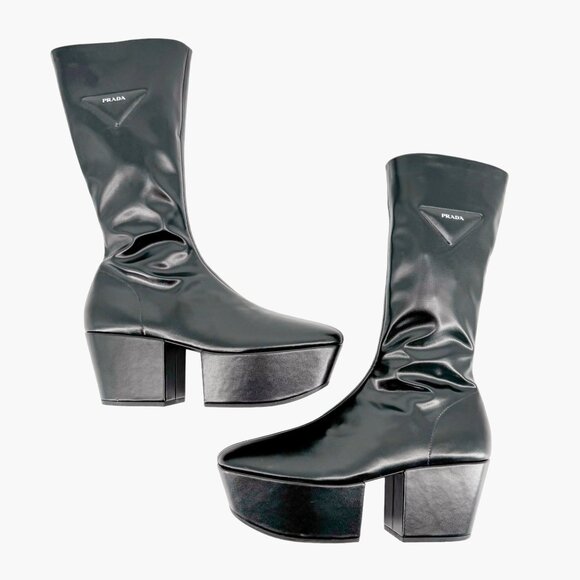 Prada Triangle Logo Platform Boots EU 39 US 9 Black Stretch Nappa Tech Mid Calf - Picture 8 of 16